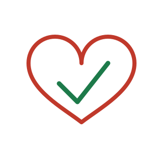 Red outline heart with a green checkmark inside