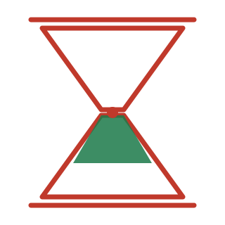 An hourglass with red edges and green sand in the lower chamber.