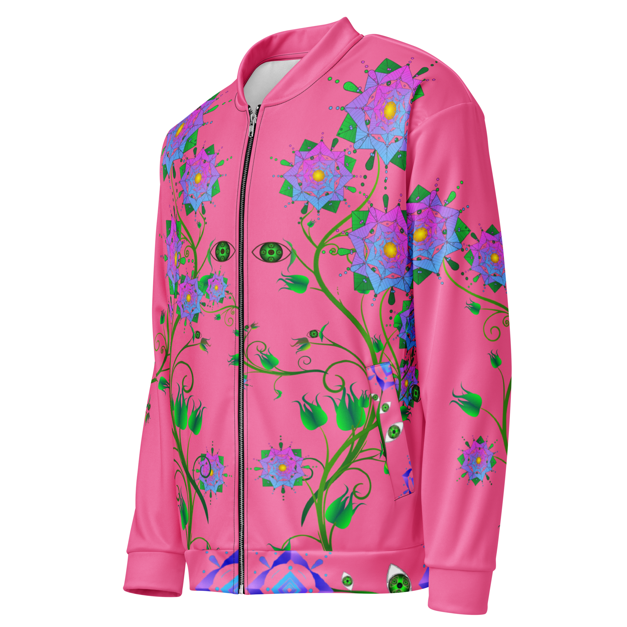 Pink print zip-up jacket with a floral and geometric pattern in purple, green, and yellow colors.