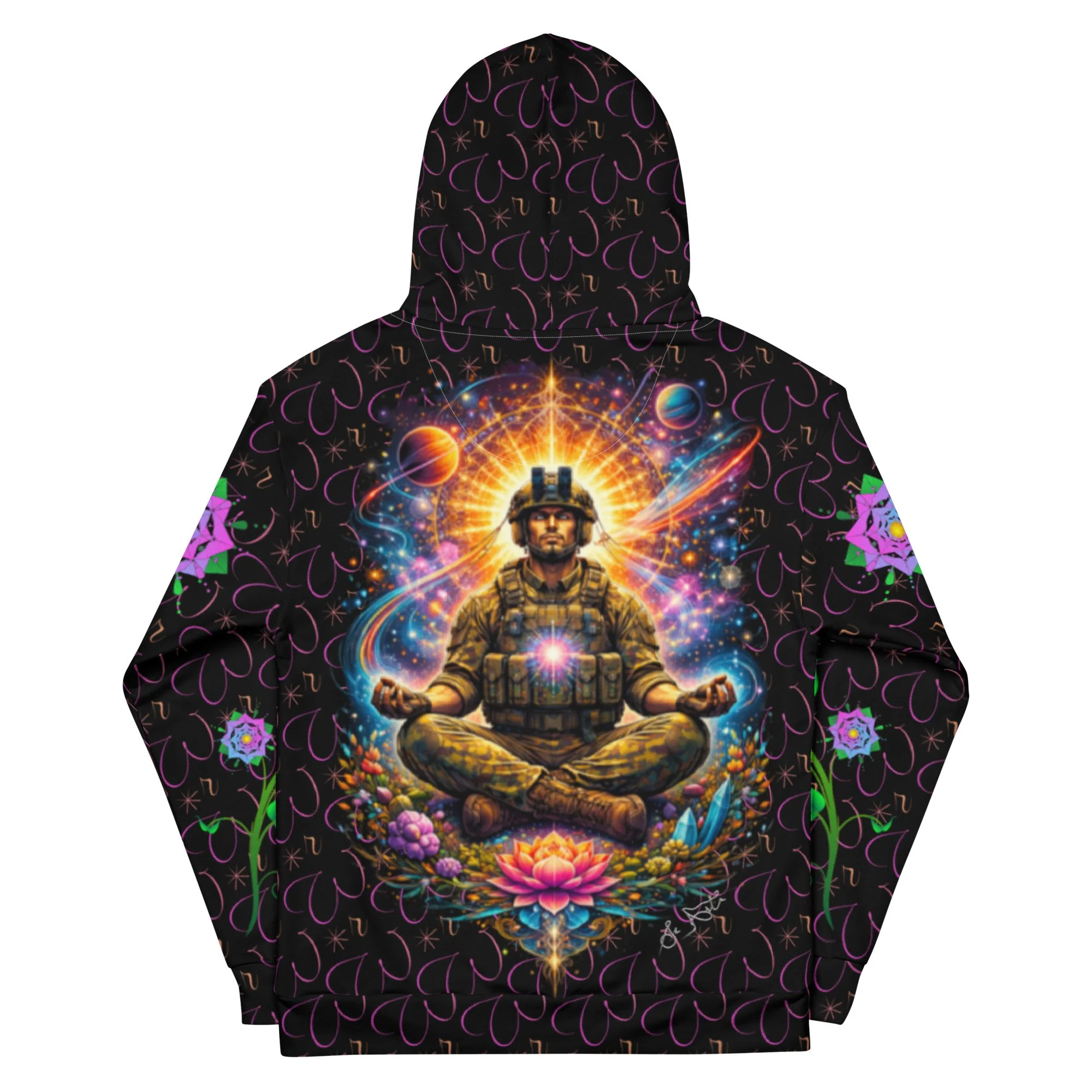 A colorful hoodie featuring a central graphic of a soldier in meditative pose surrounded by cosmic and floral imagery, with a black background decorated with purple doodles.