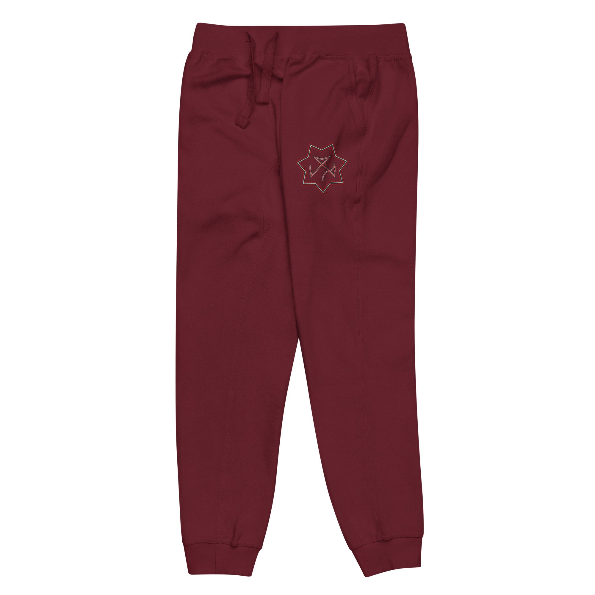 unisex-fleece-sweatpants-maroon-front-left-6a1f7f85c8991.jpg