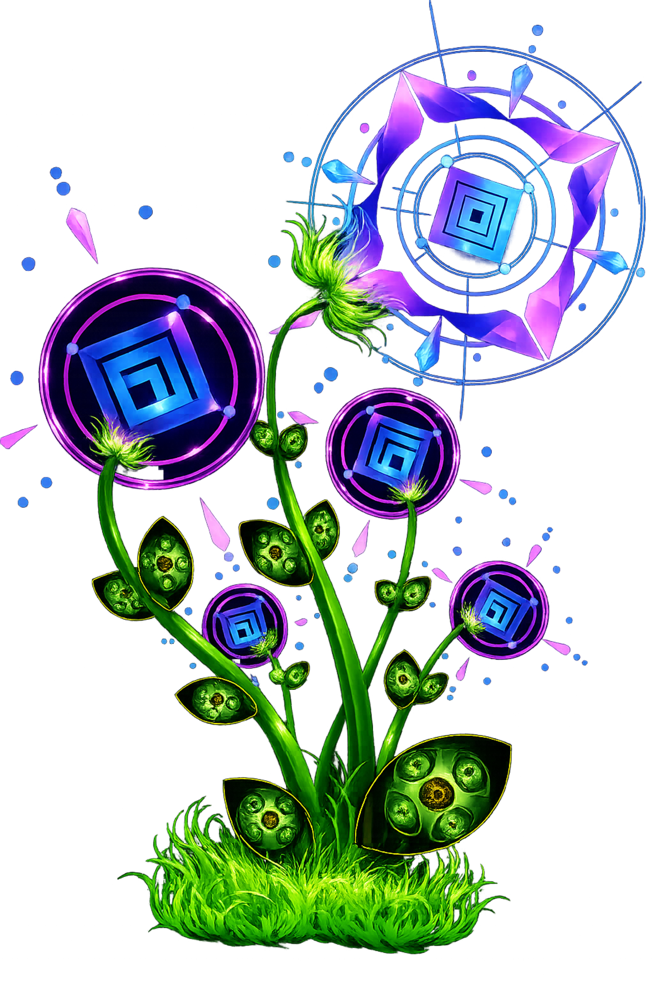 Digital illustration of neon-colored flowers with glowing geometric shapes and patterns on a black background.