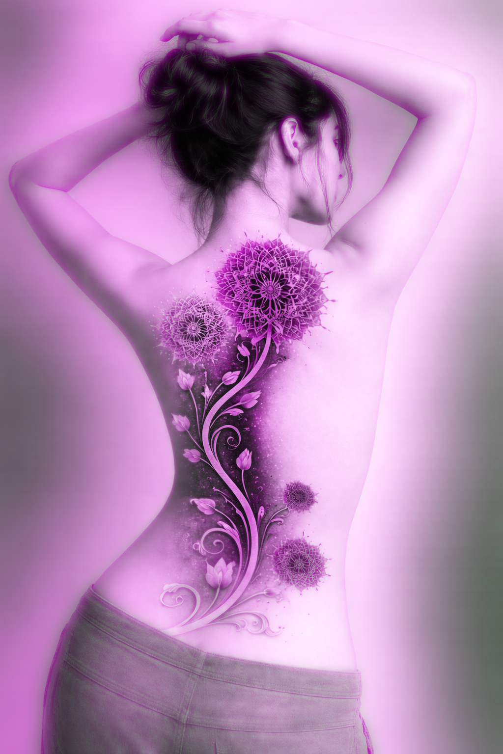 A woman with dark hair styled up, seen from the side, with her arms raised and hands in her hair. She has a large, artistic purple tattoo of dandelions and floral swirls on her back and side. The image has a pinkish-purple hue.