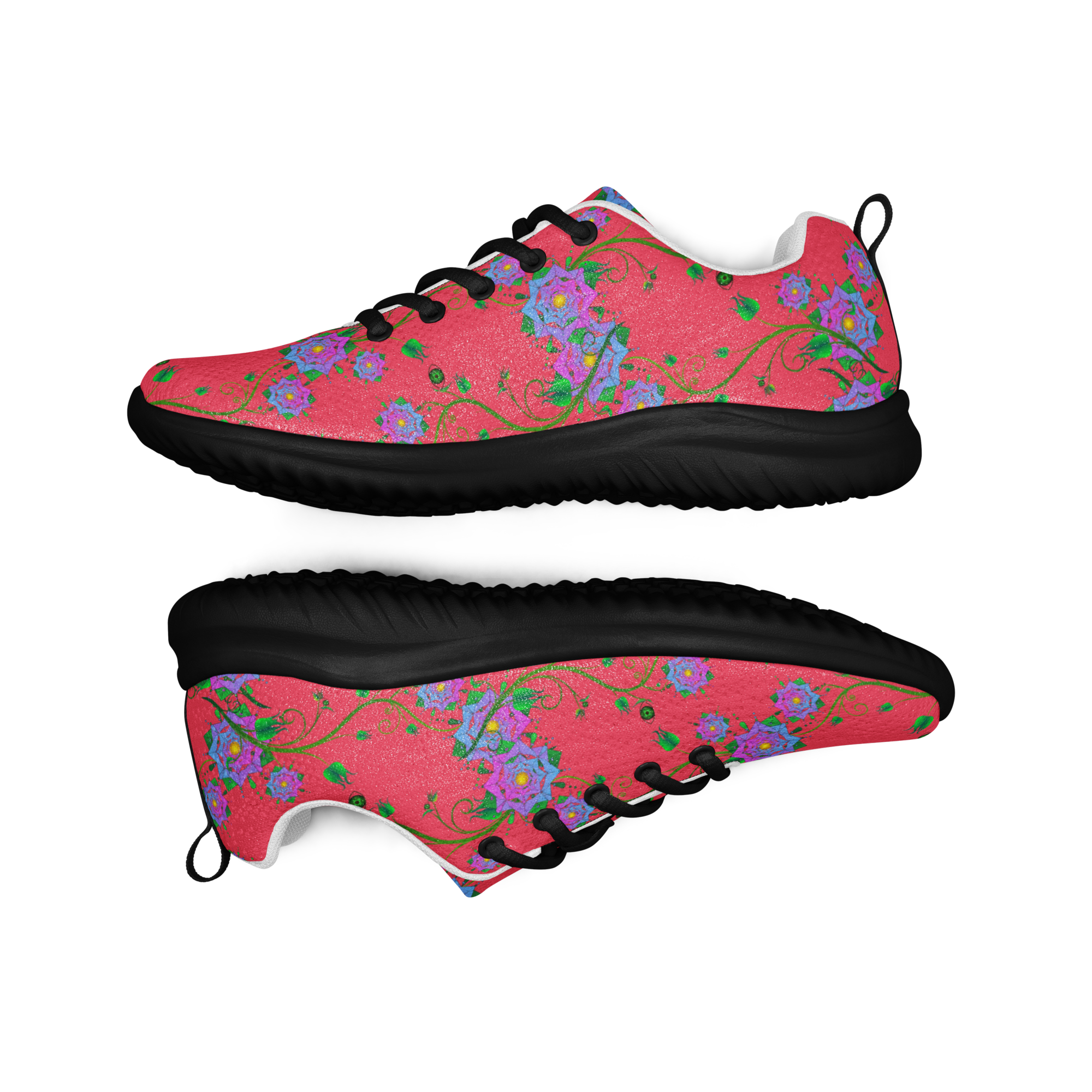 Pink running shoe with purple flowers and green vine patterns, black sole, and black laces.