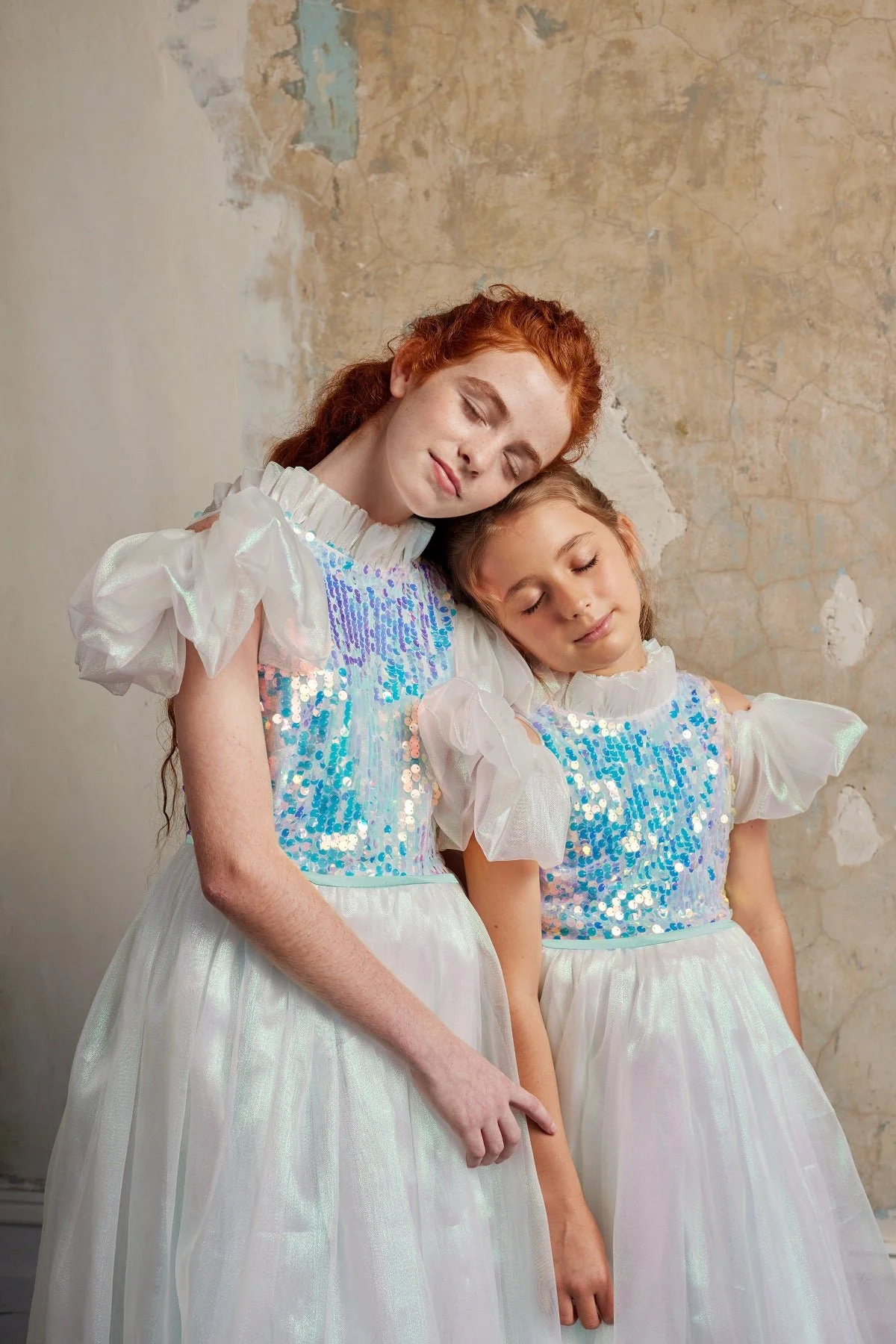 Girls Ariel Sequin Organza Aqua Dress Mulberry Silk Ribbon Waistband