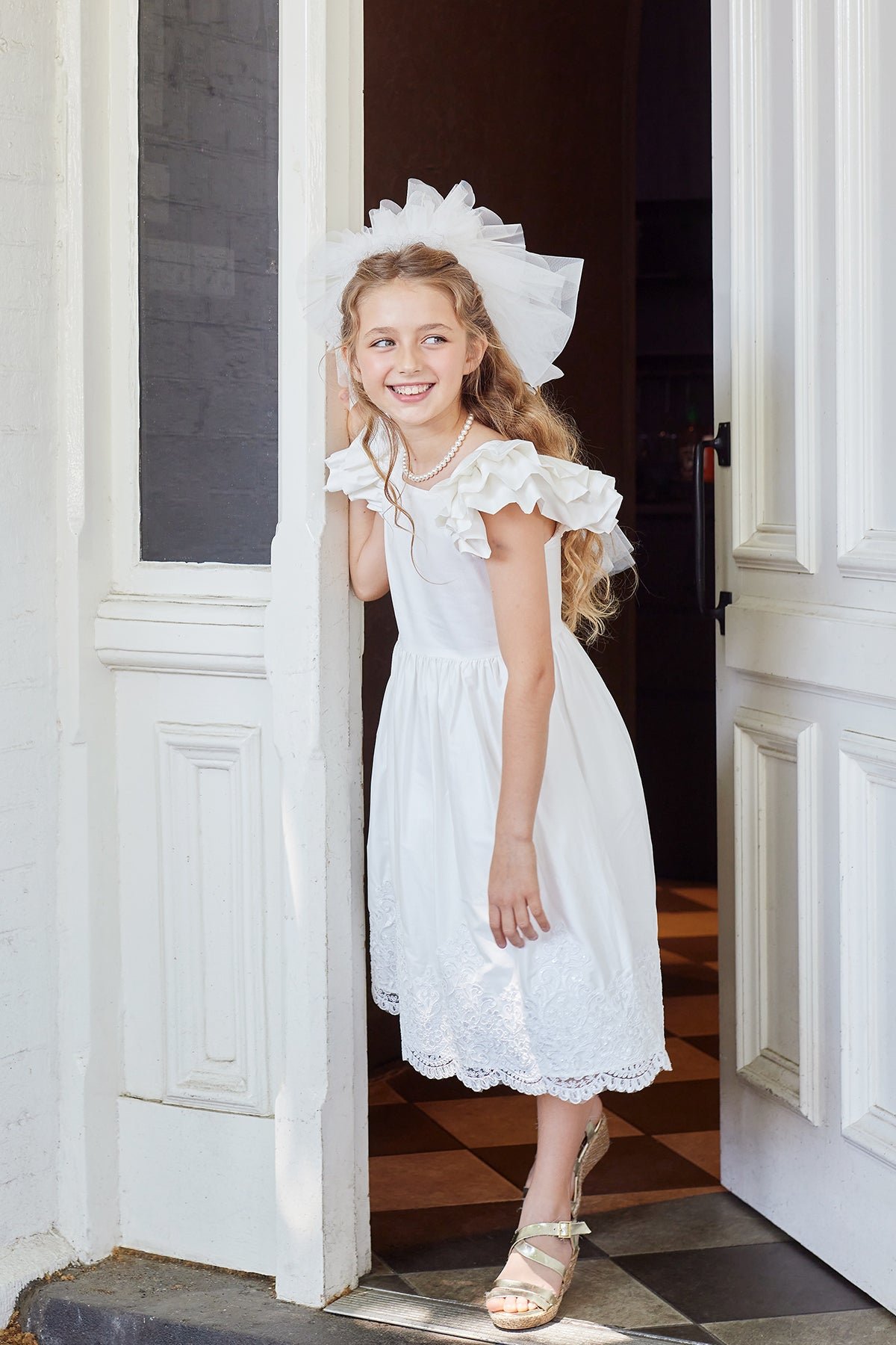 Girls Giselle Ruffled Sleeve Cotton Lace White Dress