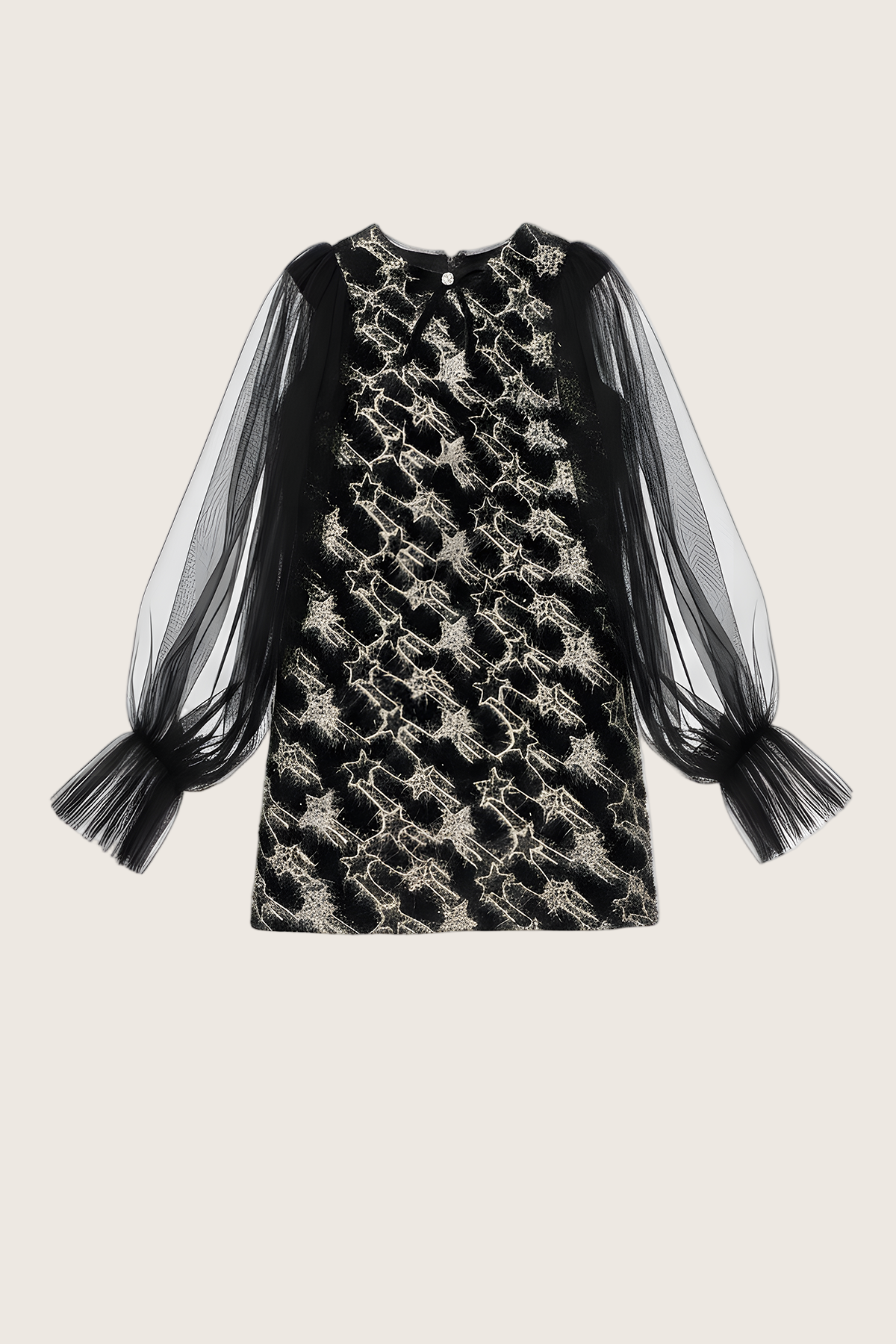 Girls Bishop Tulle Long Sleeve Black Tweed Dress With Detachable Ribbon Brooch