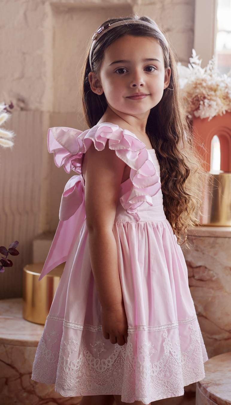 Baby Girls Alice Cotton Sateen Pinafore Dress With Lace In Pearl Pink