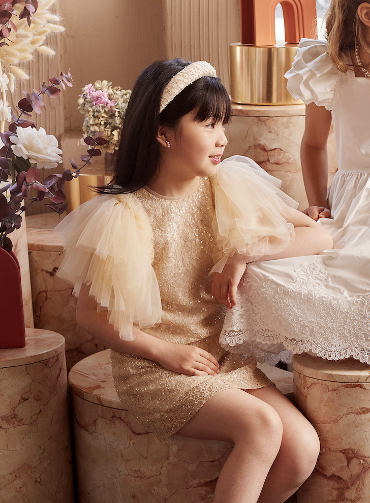 Girls Sonata Tulle Sleeve Sequin Beaded Lace Beige Dress