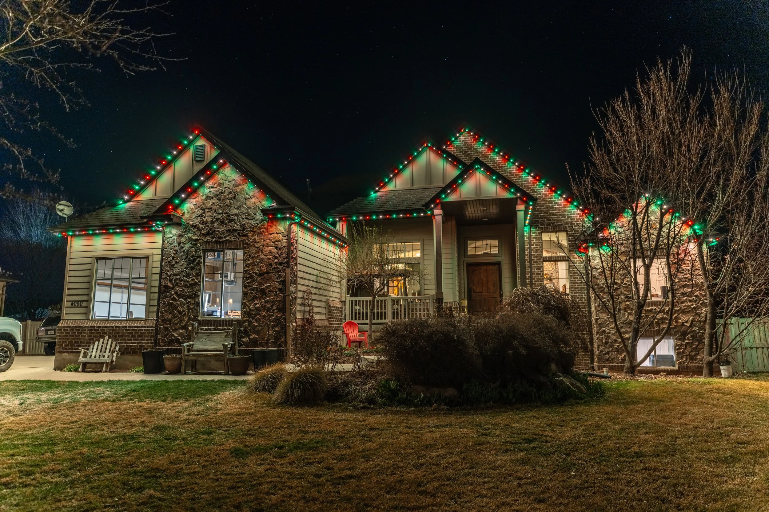 Utah house with permanent Christmas lighting installed along roofline for a clean and professional look.