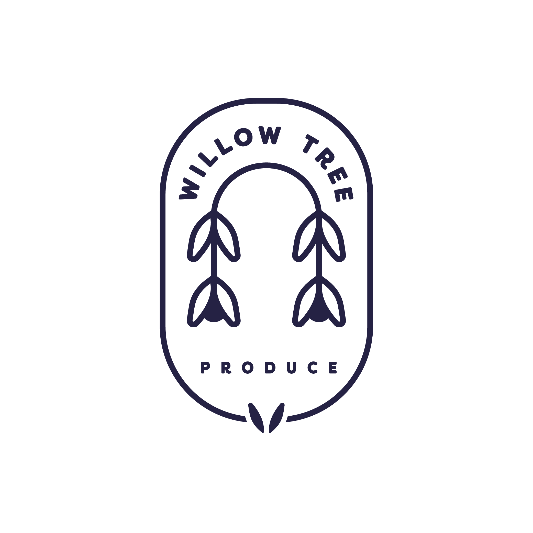 Illustration of a rainbow with the words 'Willow Tree' and a circular badge with the words 'Farm Produce' and an image of flowers.