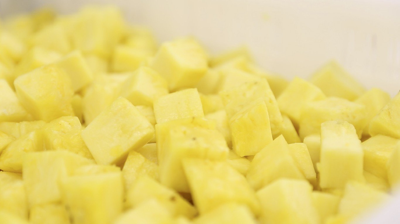 Close-up of chopped yellow plantains or potatoes.