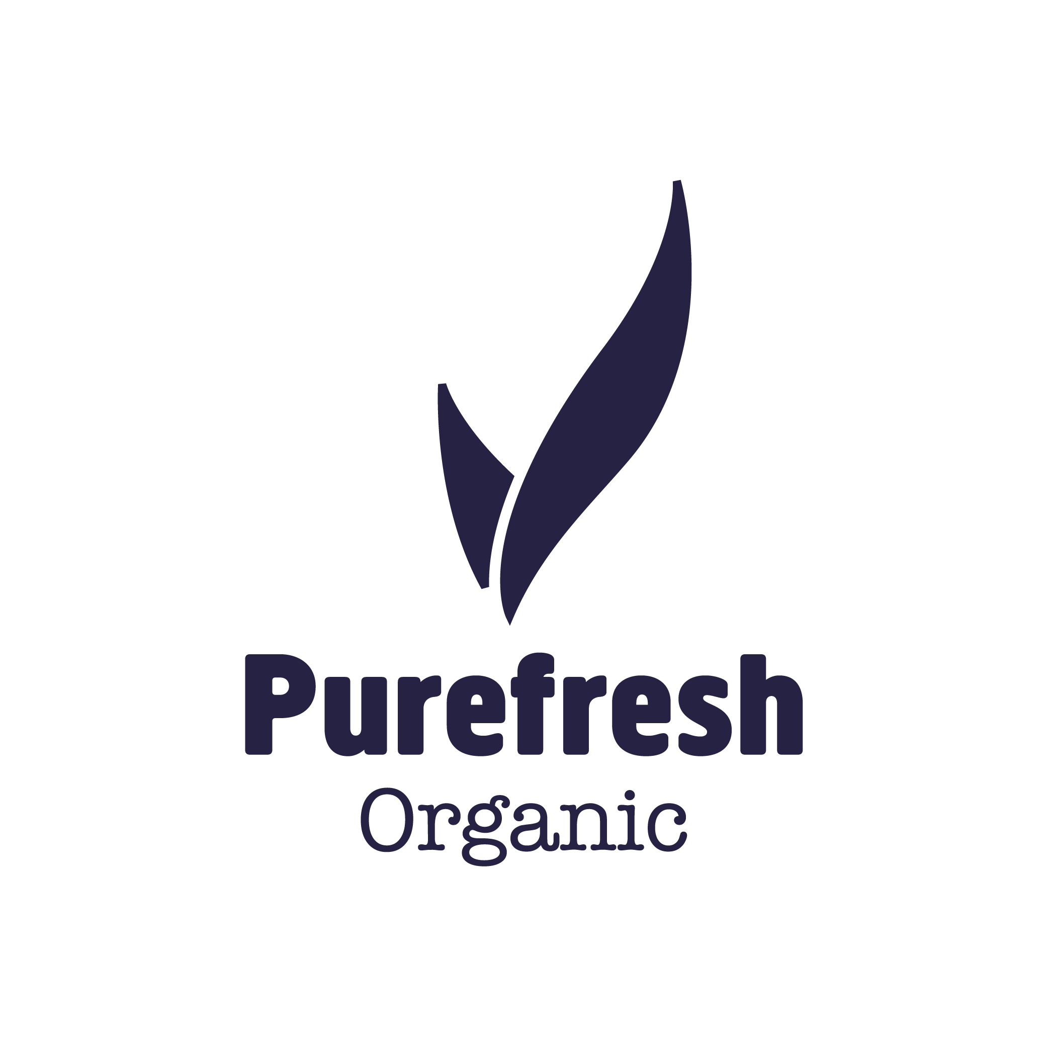 Purefrost Organic logo with a stylized dark purple leaf above the text.