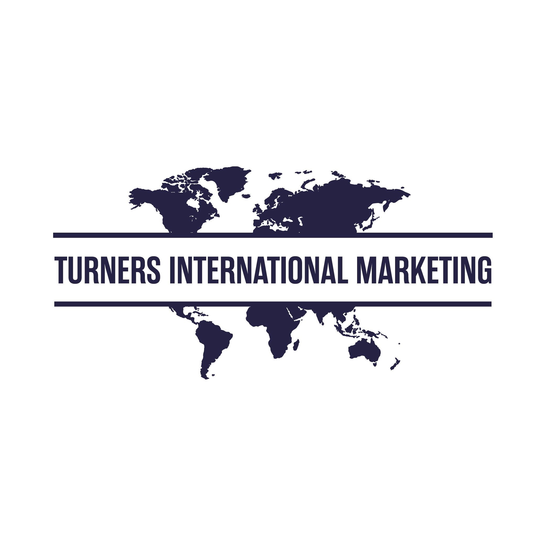 A world map with dark blue continents on a black background, labeled 'Turners International Marketing'