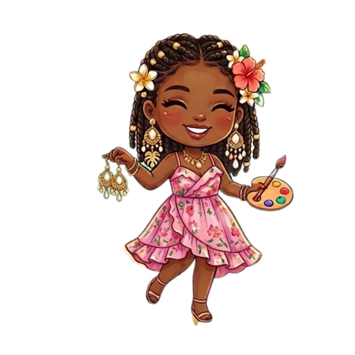 Cartoon girl with curly hair dressed in a pink floral dress, holding a palette and paintbrush, wearing jewelry and a flower in her hair, smiling.