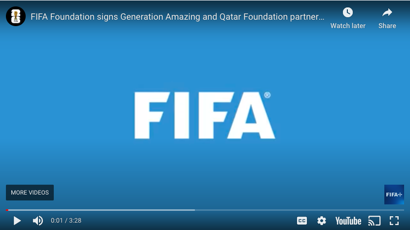 FIFA logo on a blue background with a video progress bar at the bottom and video control icons.