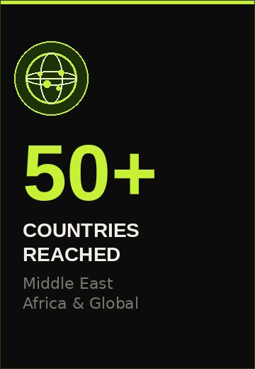 Graphic showing a globe icon with text that says '50+ Countries Reached, Middle East, Africa & Global' in green and white on a black background.