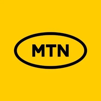 Yellow background with black oval and the letters 'MTN' inside.