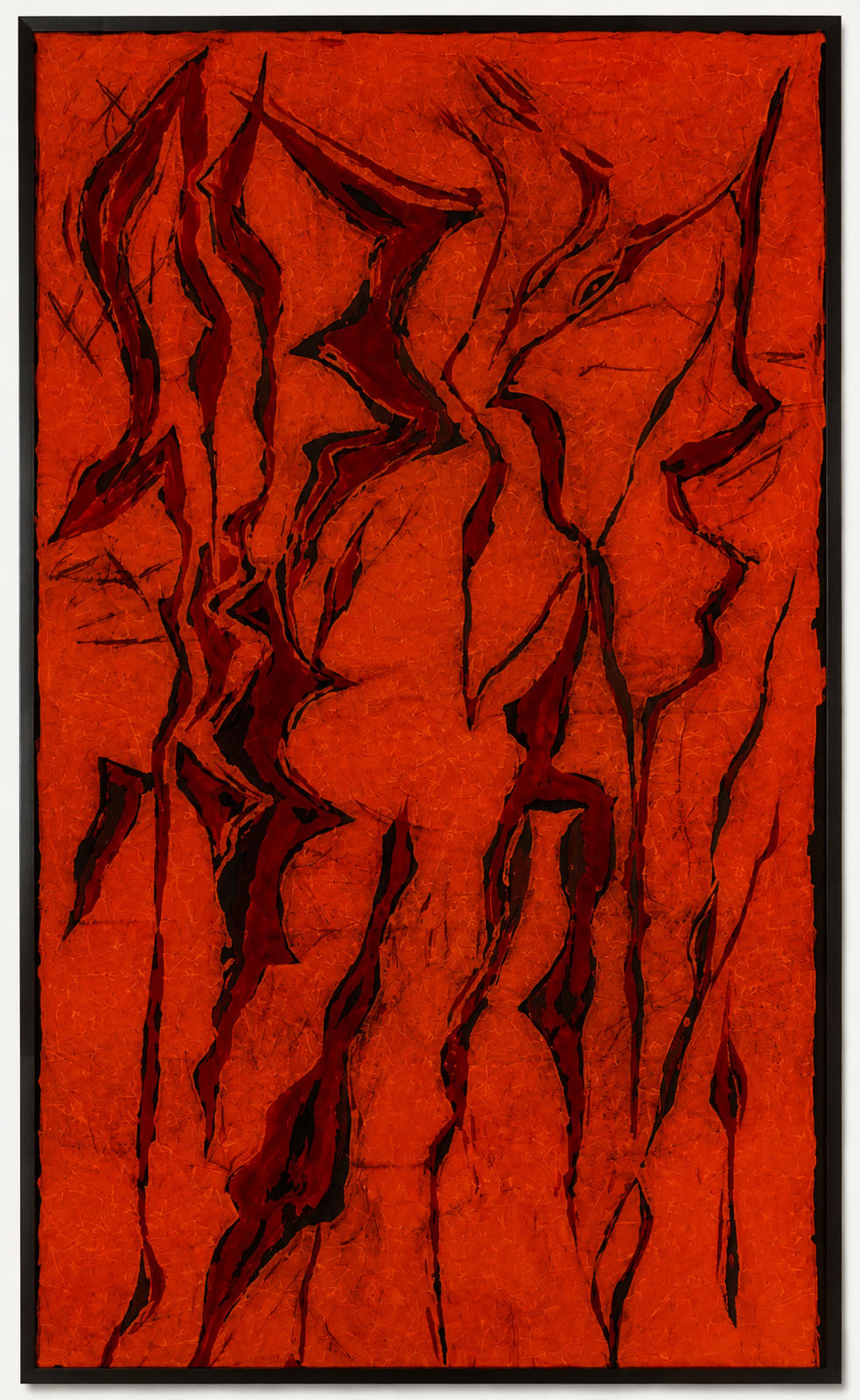 Dancing With The Fire — deep orange-red batik textile artwork by Viktoria Vigh