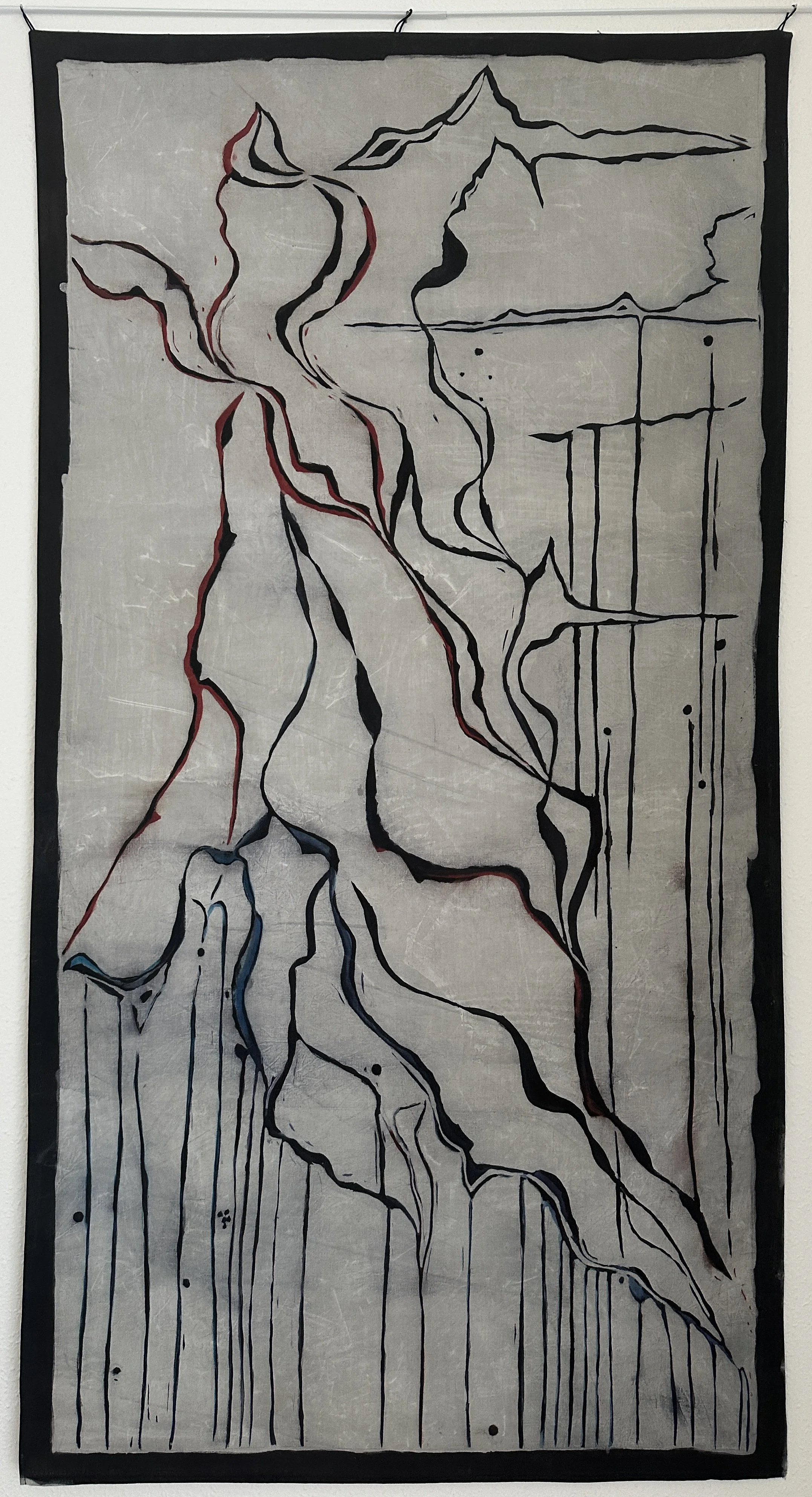 Unbinding — pale batik textile artwork with continuous black line by Viktoria Vigh