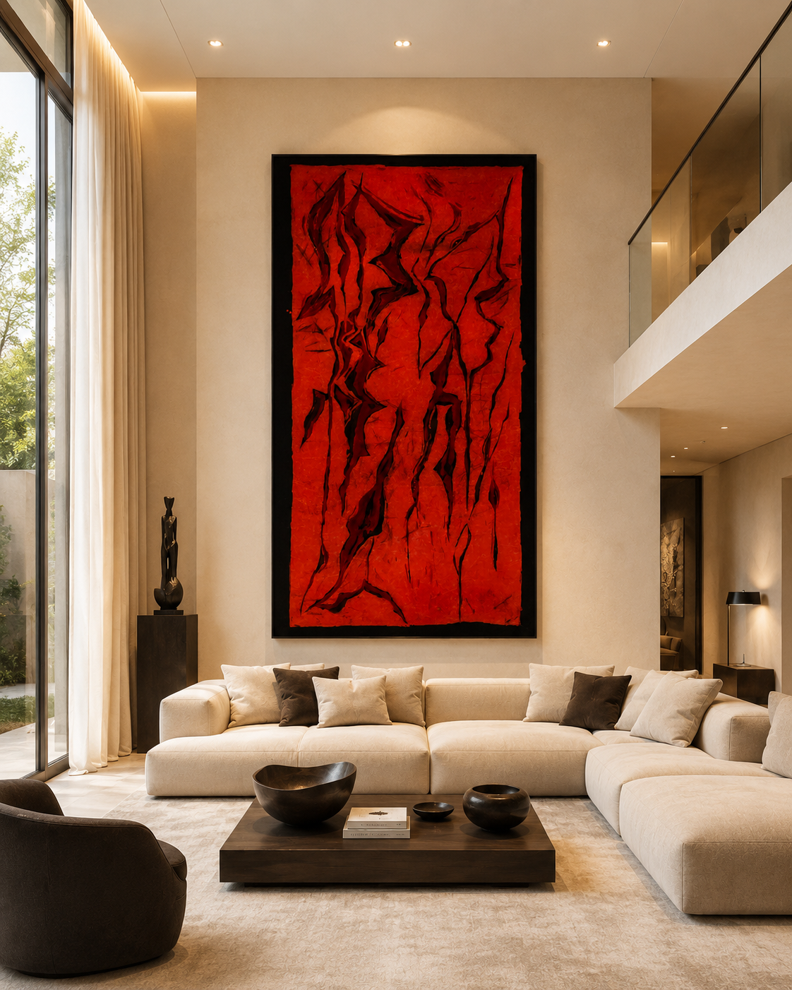 Large-scale textile work by Viktoria Vigh installed in a visualited interior