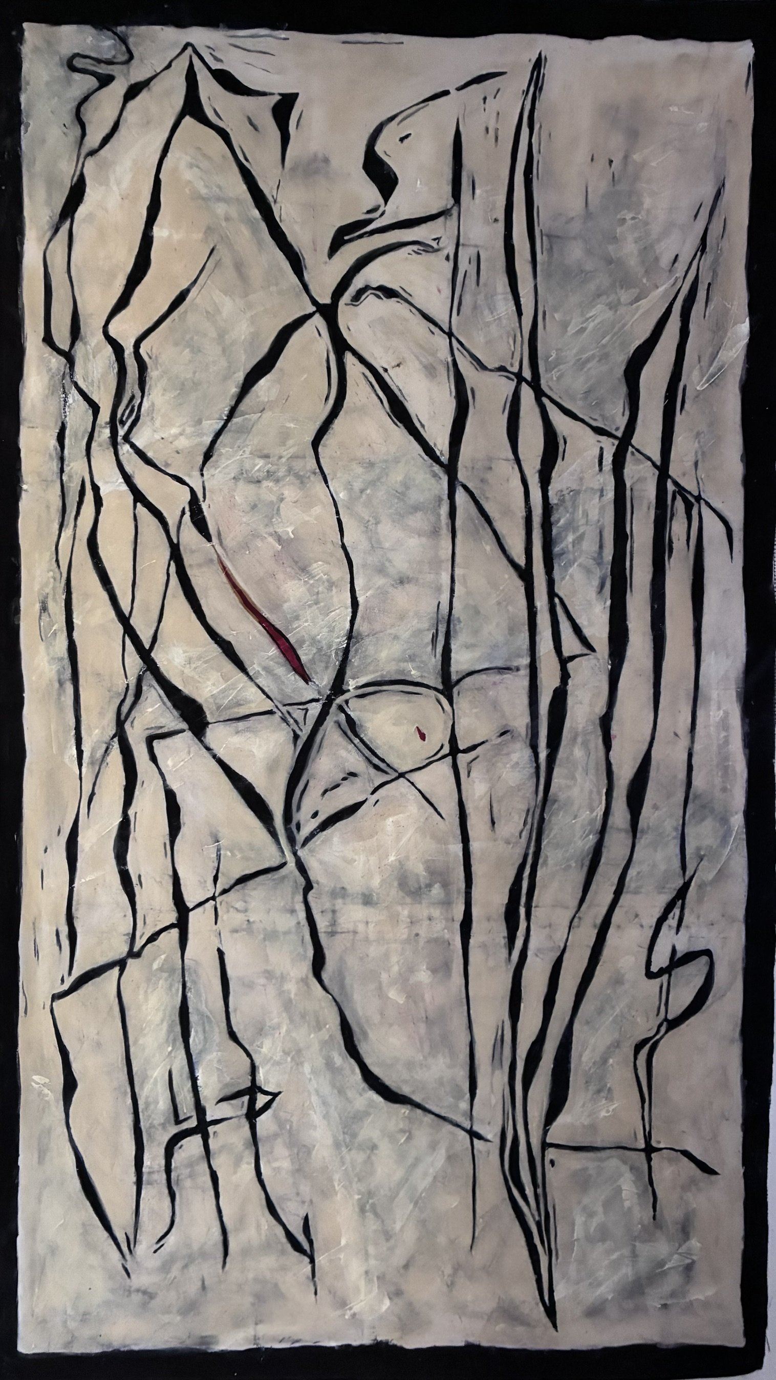 Bone-grey batik textile artwork with black contour lines by Viktoria Vigh