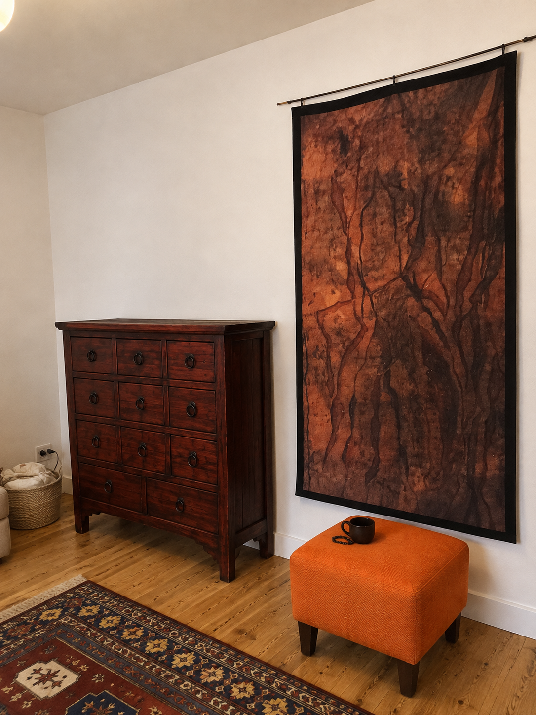 Large-scale textile work by Viktoria Vigh installed in a contemporary interior