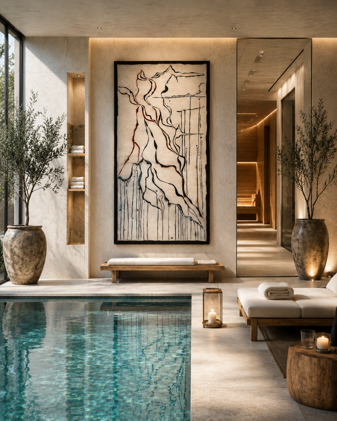 Large-scale textile work by Viktoria Vigh installed in a visualited interior