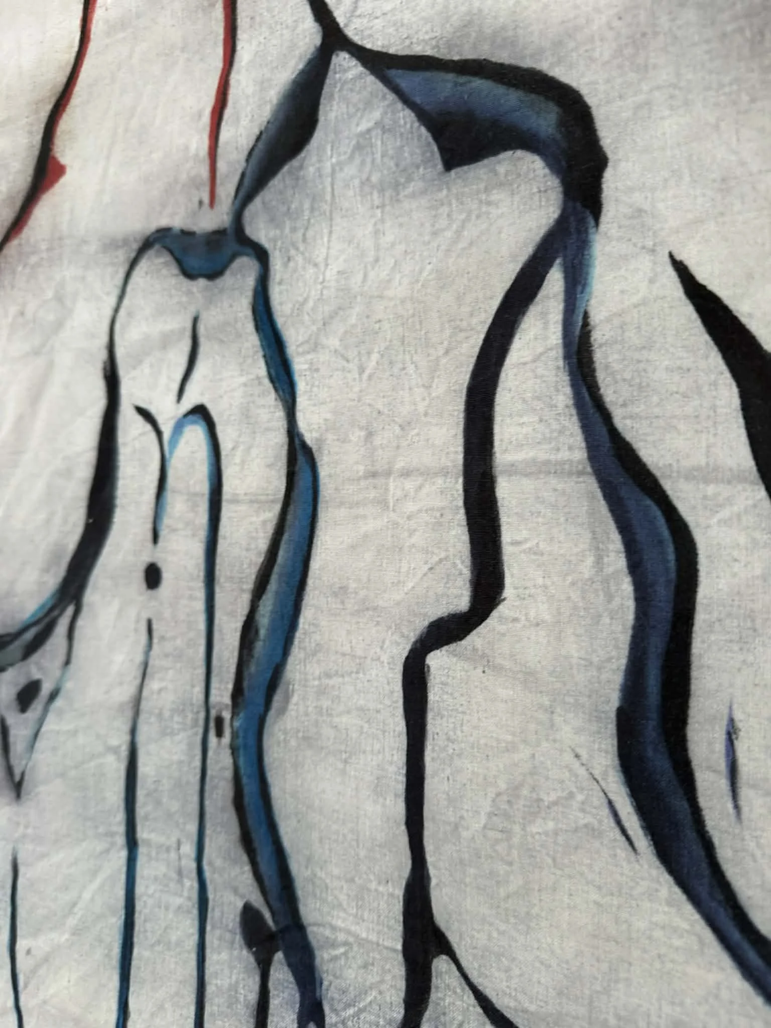 Close-up detail of batik line and dyed cotton surface, textile work by Viktoria Vigh