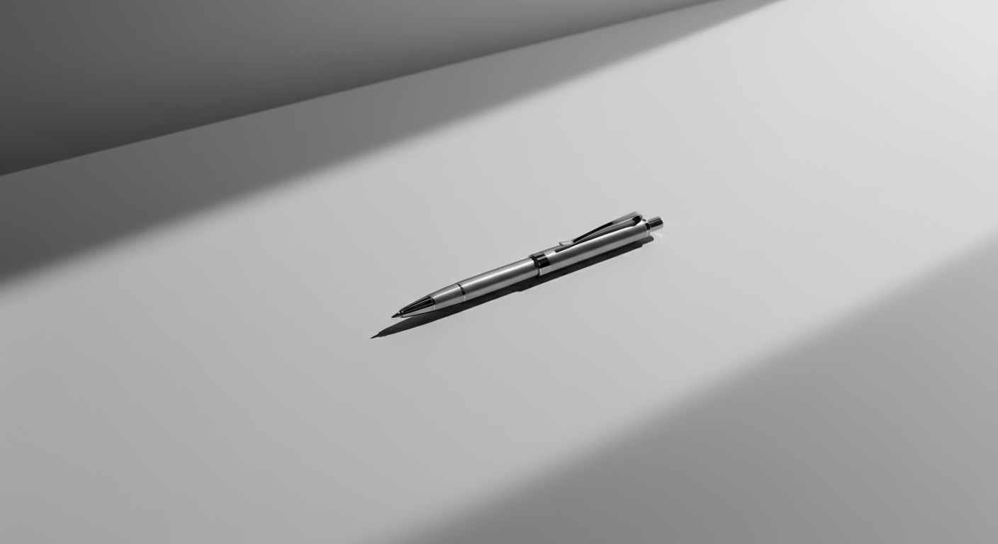A silver pen resting on a white surface with shadows.