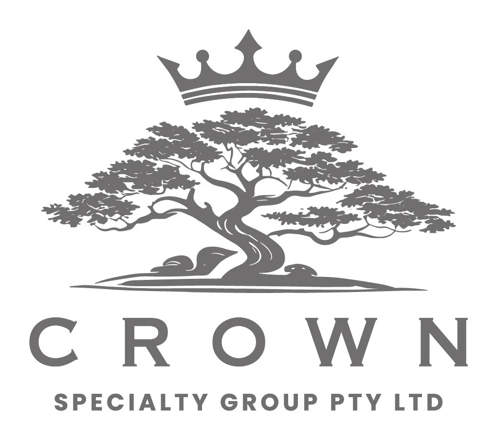 A logo featuring a stylized tree with a crown above it and the words 'Crown Specialty Group Pty Ltd' beneath.