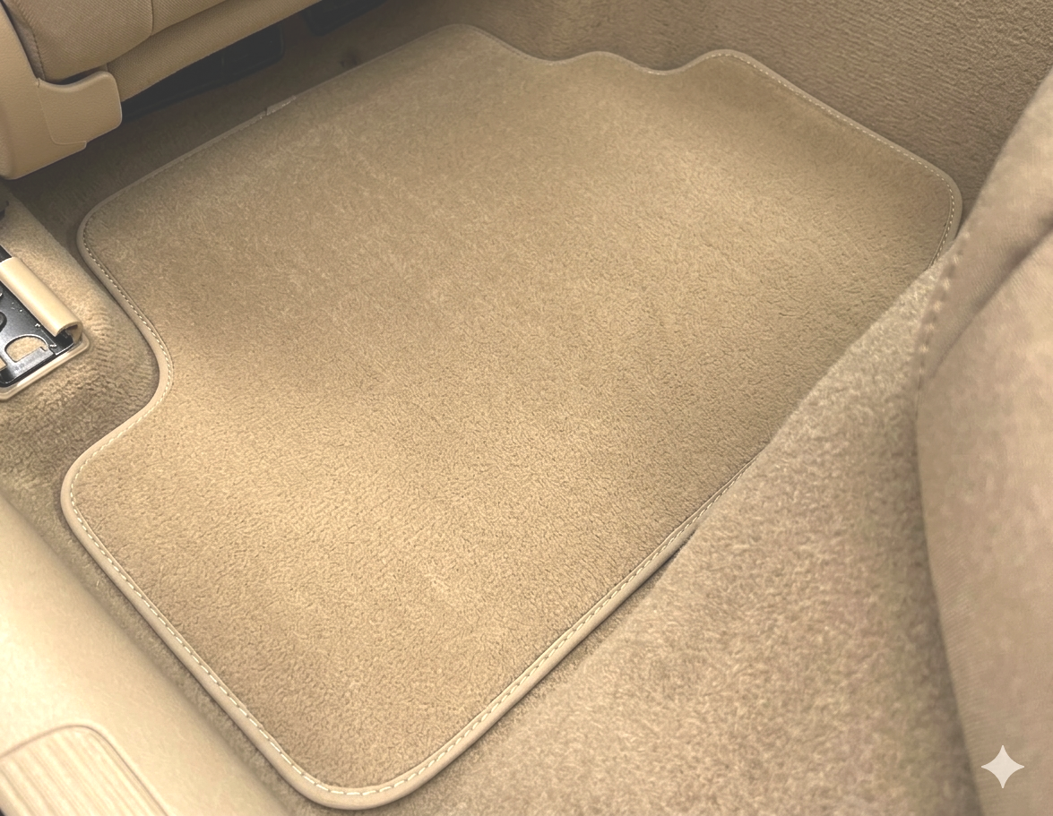 A beige car floor mat on the vehicle's carpeted floor, located in front of the passenger seat.