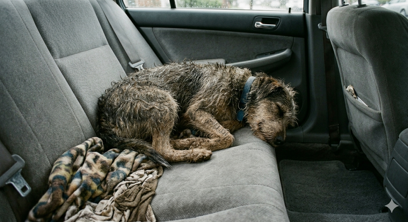 A dog sleeping on the back seat of a car with a blanket nearby.