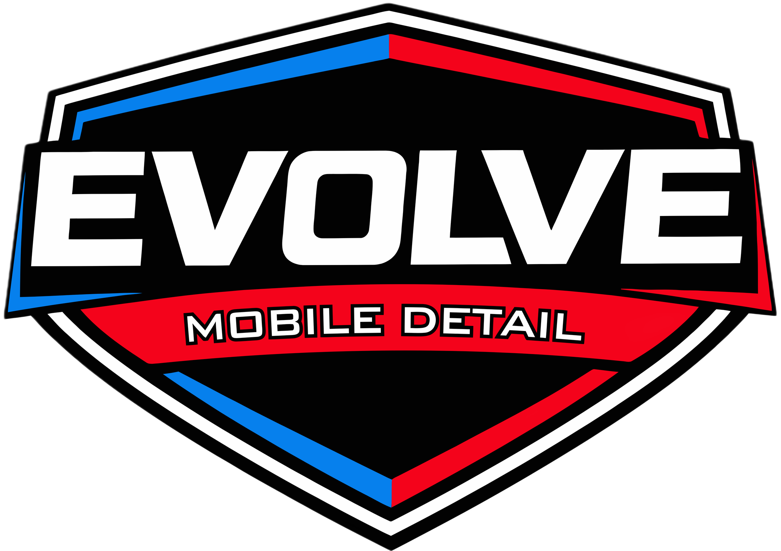 Logo for Evolve Mobile Detail, featuring a shield shape with red, black, white, and blue colors.