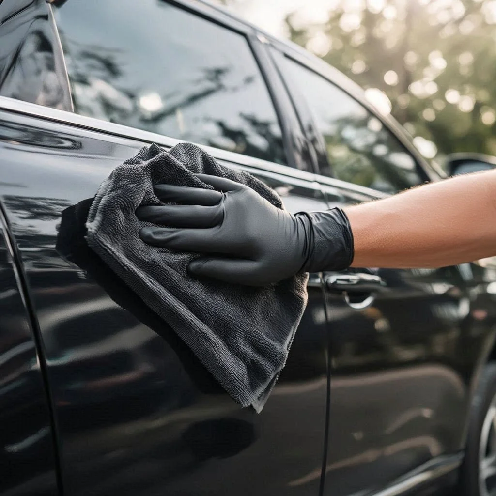 Person wearing black gloves using a gray cloth to wipe the side of a black car.