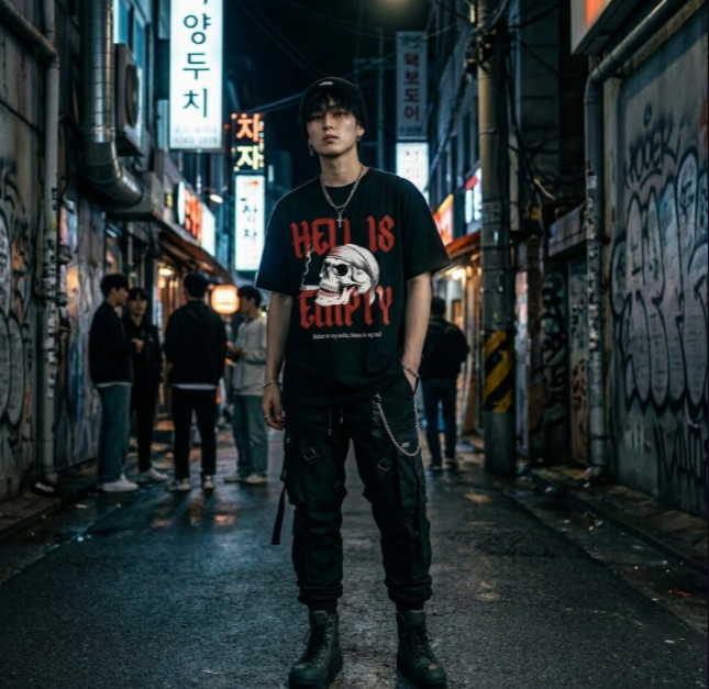 A young man stands in the middle of a graffiti-covered urban alley at night, wearing a black t-shirt with red and white graphic design, black cargo pants with chains, and black combat boots.