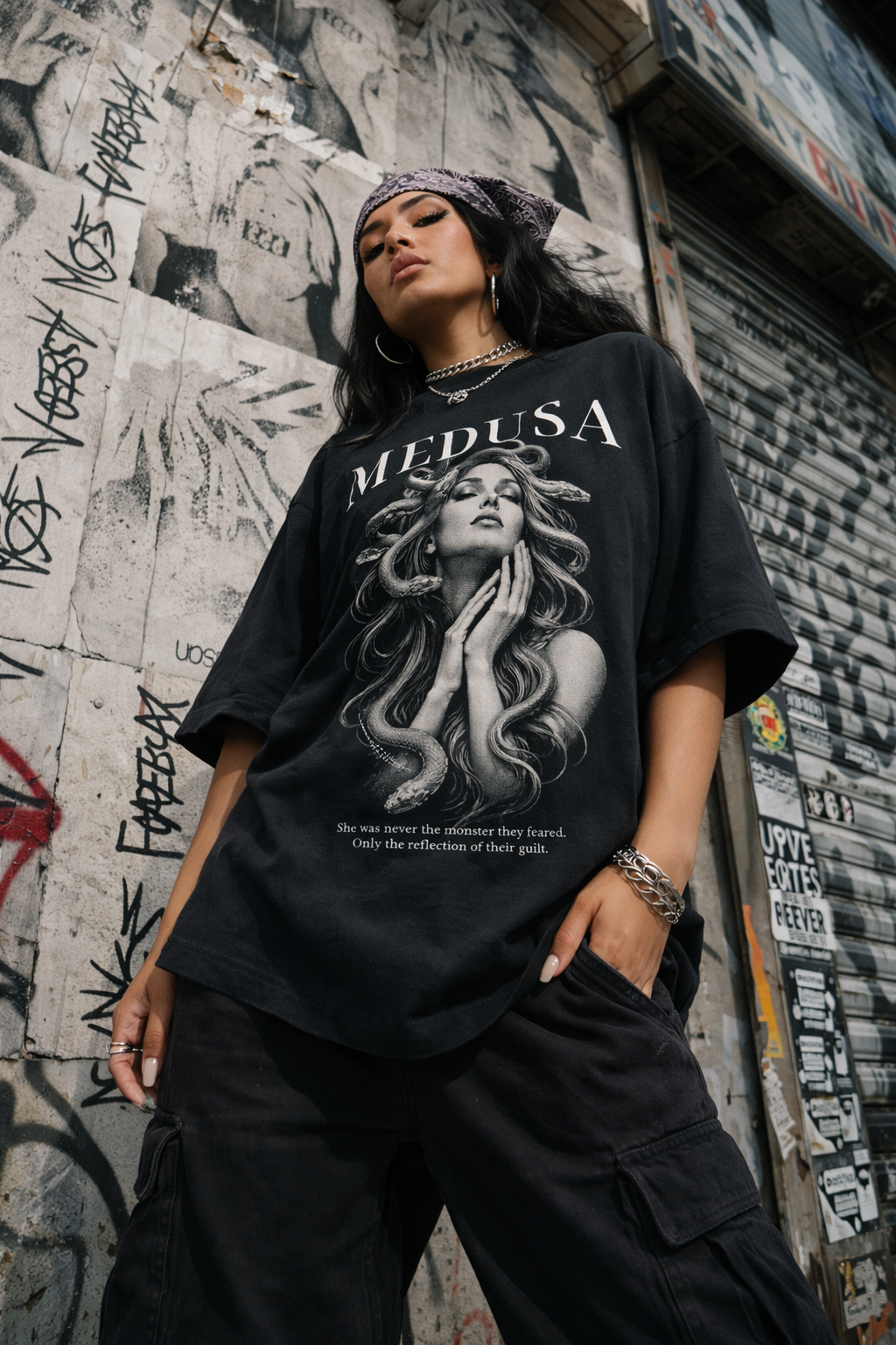 A woman with dark hair, wearing a bandana, a graphic black t-shirt and black cargo pants, posing in front of a graffitied wall with a rolled-down metal shutter, in an urban street scene.