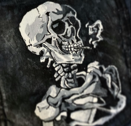 Black and white illustration of a skeleton sitting and smoking a cigarette.