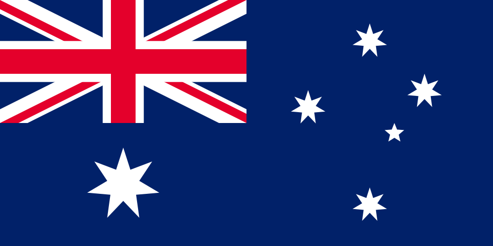 Australian flag featuring the Union Jack in the top left corner, a large white star below it, and five smaller white stars on the right side against a blue background.