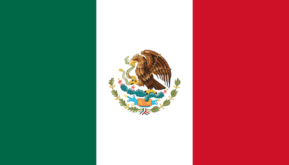 The flag of Mexico with green, white, and red vertical stripes and an eagle holding a snake in its beak and talon, perched on a cactus.