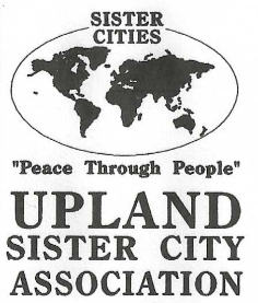 A logo featuring a world map with the text 'SISTER CITIES' above and 'Peace Through People' below, and 'UPLAND SISTER CITY ASSOCIATION' at the bottom.