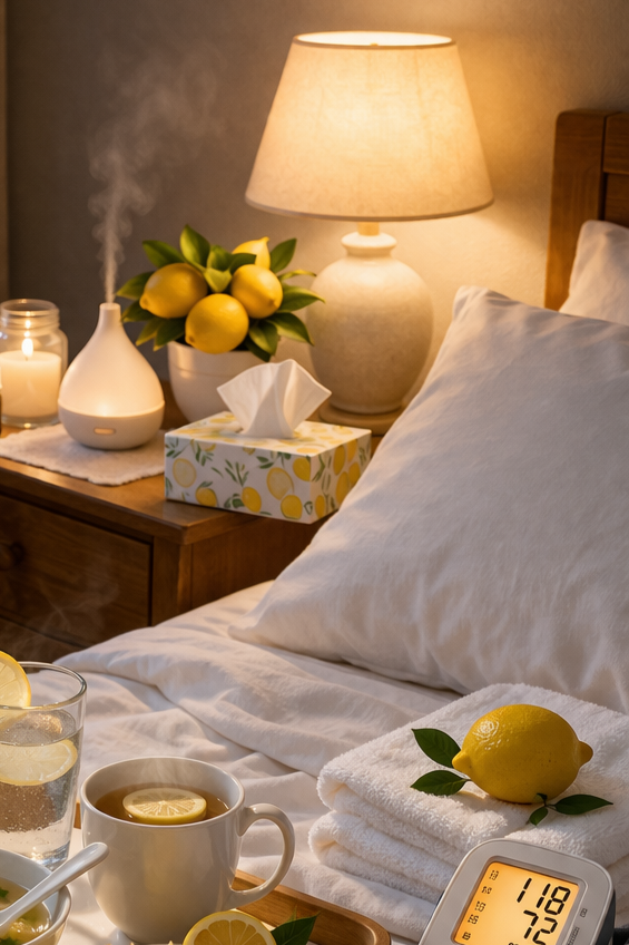 Cozy bedroom scene with a nightstand holding a lamp, lemons, a tissue box, and scented candles. On the bed, there are lemon slices in a cup, a glass of lemon water, and folded towels with a lemon on top. A digital thermometer is also visible.