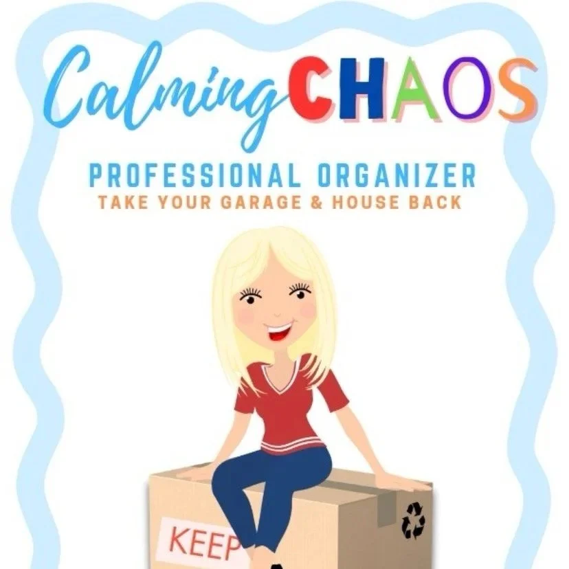 Book cover titled "Calming CHAOS: Professional Organizer Take Your Garage & House Back." Features an illustration of a smiling woman with blonde hair sitting on a cardboard box.