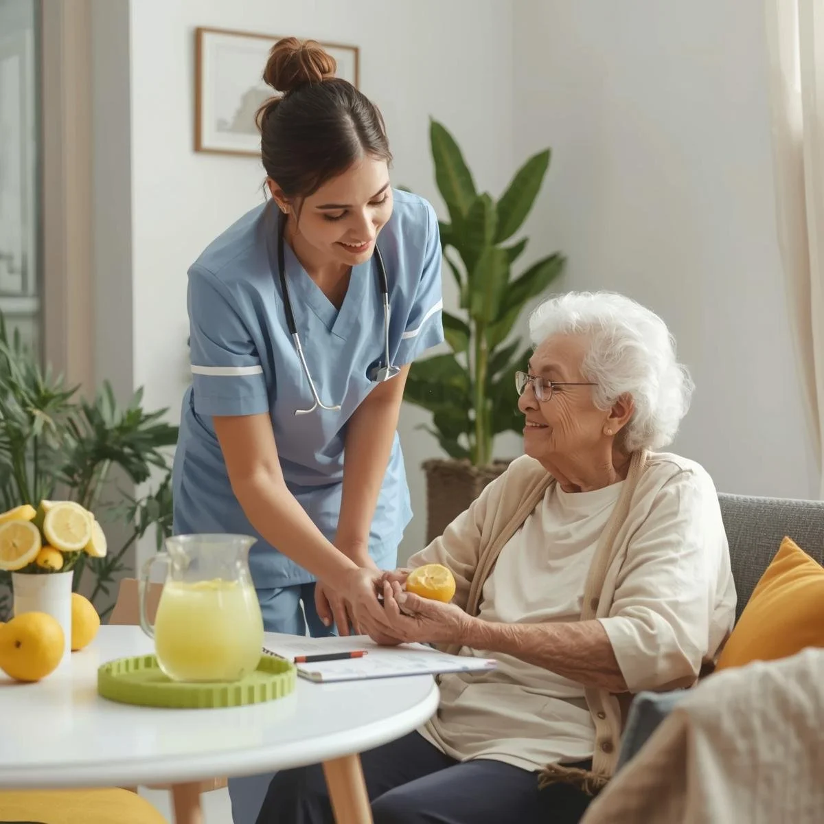 A nurse assisting an elderly woman with a lemon in a well-lit room with plants and a table with lemons and lemonade.