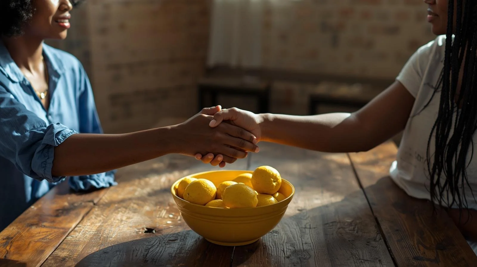Two women shaking hands over a wooden table with a bowl of lemons, in a warmly lit room with exposed brick walls.