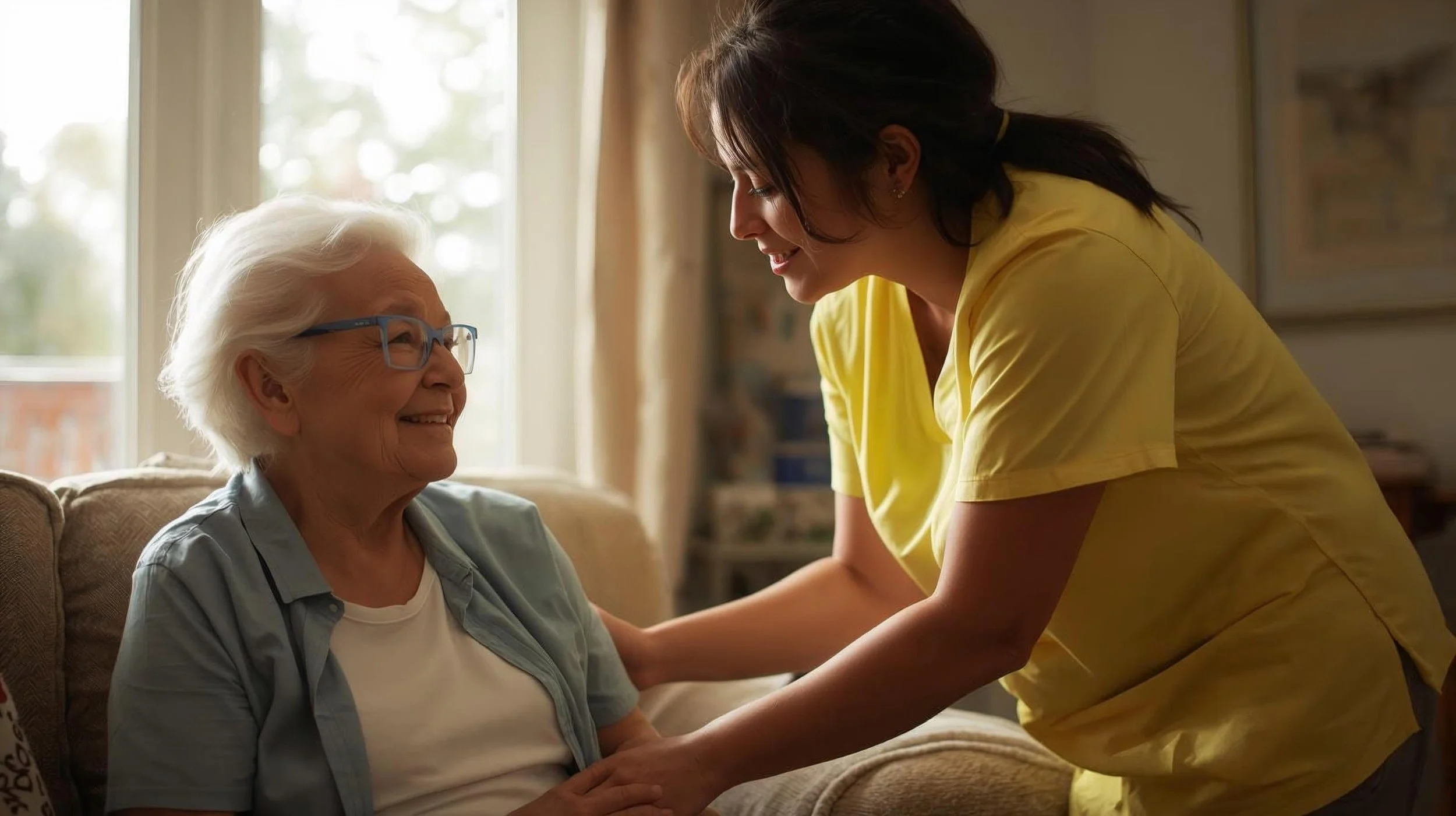 A caregiver in a yellow uniform smiling and talking to an elderly woman with white hair and glasses, sitting on a couch.