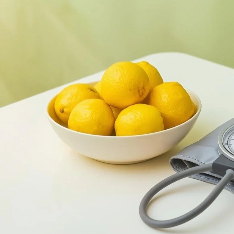 A white bowl filled with fresh yellow lemons on a white surface, with a gray blood pressure cuff partially visible beside it.