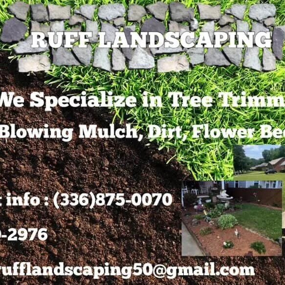 An advertisement for RUFF LANDSCAPING, featuring a stone border, green grass, soil, and a smaller inset photo of a landscaped yard, with contact details.