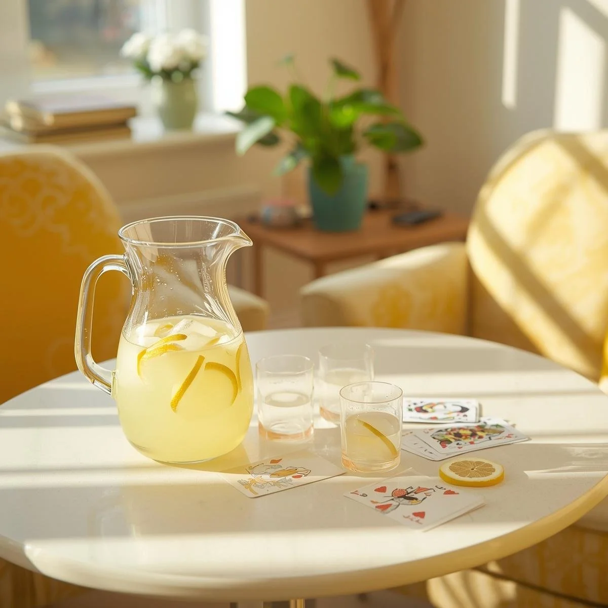 A table with a pitcher of lemonade, two glasses of lemonade, lemon slices, and playing cards. In the background, there are yellow armchairs, a window, a potted plant, and sunlight streaming in.