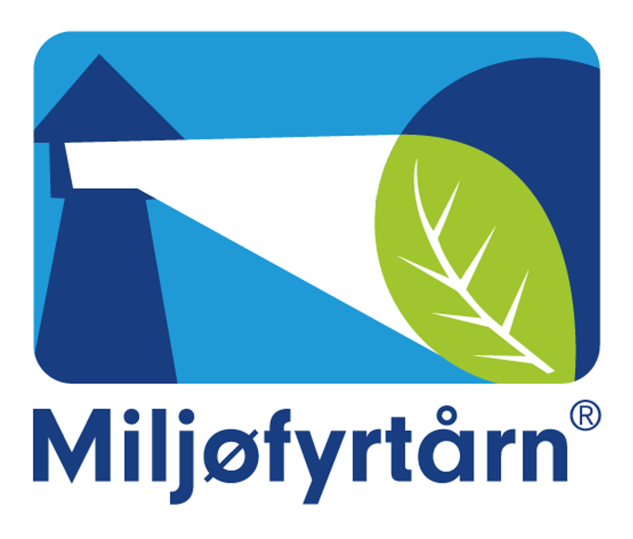 Miljøfyrtårn-logo med en blå og grønn farget kromatisk design, bestående av en stolpe med en trekant og et blad, og teksten 'Miljøfyrtårn' under.